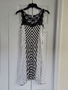 Cocolove Black & White Striped Lace Yoke A-Line Dress